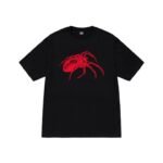 "Stussy Widow Tee featuring a graphic of a black widow spider and the Stussy logo on a white cotton t-shirt."