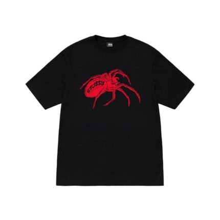 "Stussy Widow Tee featuring a graphic of a black widow spider and the Stussy logo on a white cotton t-shirt."